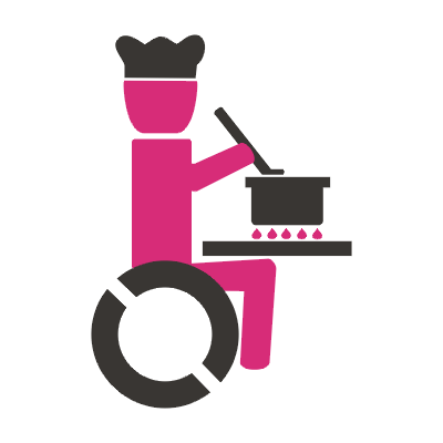icoon van een kok in zitten in een rolstoel, roerend in een pan