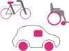 icoon van een rolstoelgebruiker, een auto en fietsers