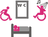 icoon van slapende persoon, rolstoelgebruiker zingend onder de douche en personen die naar het toilet lopen/rijden