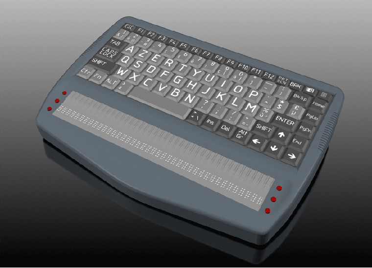 notitietoestel met brailleweergave en gewoon toetsenbord